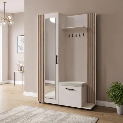 Produktbild von Garderoben-Set im Skandi-Stil mit Spiegel, Sitzbank, Schuhablage & Haken – Flurgarderobe 137 cm in Lamellen-Optik in Eiche Artisan mit Ablage und Stauraum – Kaschmir Beige-Grau – Rechts
