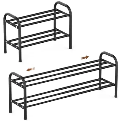 Image de Étagère à chaussures étroite, extensible, en métal, noire, 2 niveaux, 43-78 cm