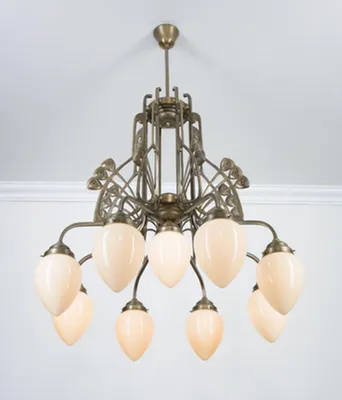 Produktbild von Pendelleuchte Messing massiv Glas E27 H: max. 137 cm in Berliner Elfenbein Jugendstil Hängeleuchte