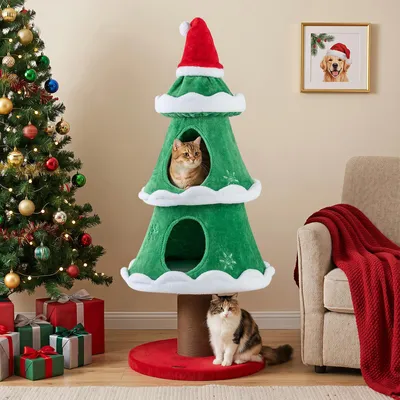 Productafbeelding van COSTWAY 130 cm kraboom in kerstboomdesign, kattenboom van pluche met 2 kattenholletjes, krabstam en kerstmuts, meerlaags kattenkooi