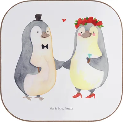 Produktbild von Mr. & Mrs. Panda Untersetzer Glas Hochzeit Pinguin - Weiß - Geschenk, Coaster, Hochzeitsgeschenk, gläseruntersetzer, Hochzeitstag, Geschenkidee, Hochzeitskarte, Pinguine