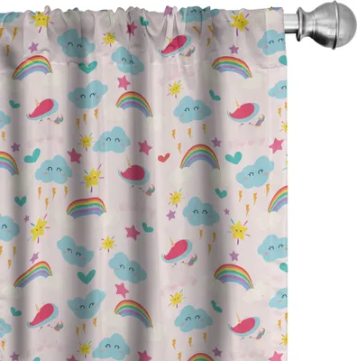 Image de ABAKUHAUS Rideaux licorne, voilages, motif nuages, arcs-en-ciel et étoiles, 2 pièces 75 x 245 cm, rose bébé multicolore