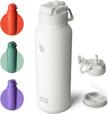 Image de Bouteille d'eau isolée avec paille 1,2 l blanc - Bouteille de sport en acier inoxydable