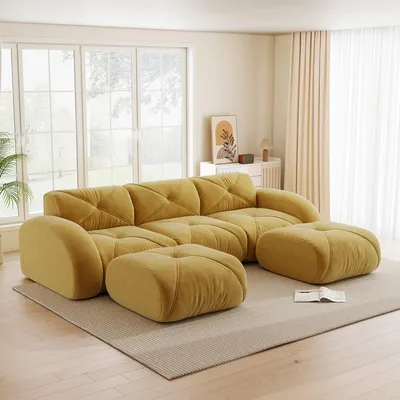 Produktbild von U-förmiges rahmenloses 3-Sitzer-Modulsofa mit 2 Hockern, weicher Stoff, rutschfest, ohne Montage, ideal für Wohnzimmer