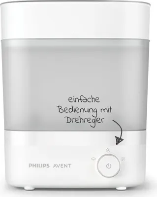 A white Philips Avent baby bottle sterilizer and dryer.