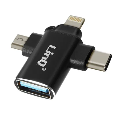 Immagine prodotto di adattatore 3-in-1 USB-C, Micro-USB, Lightning a USB 3.0 OTG, LinQ - Nero