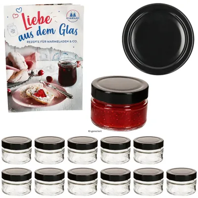 Produktbild von 12er Set Marmeladenglas 106ml Deep Deckel Schwarz & Heft Hochrandglas