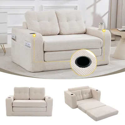 Produktbild von Cord-Zweisitzer Sofa mit 2 Getränkehaltern & Seitentaschen, gepolsterte Rückenlehne für Wohnzimmer