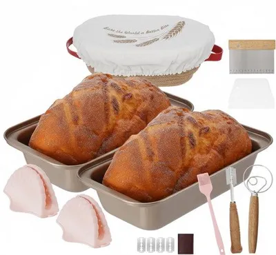 Produktbild von Famanu Brotkorb Set - Zuurteig Backset mit 2 Toastbackformen und 25 cm ovalem Gärkorb