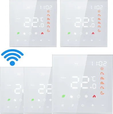 A collage of digital thermostats with LCD screens displaying temperature and icons.