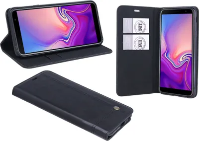 A collage of a black flip case for a Samsung Galaxy J6+ Plus phone, showing the case in different configurations and closed.