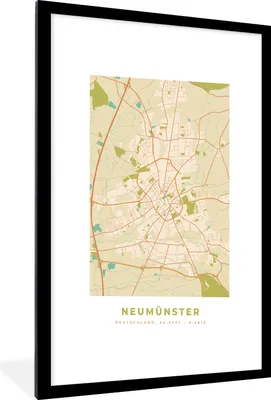 Produktbild von MuchoWow® Gerahmtes Poster Karte - Neumünster - Karte - Stadtplan - Vintage 60x90 cm - Poster mit Schwarzem Bilderrahmen Wandposter Rahmen Foto Bilder - Dekoration - Wandposter Wohnzimmer - Hochwertig