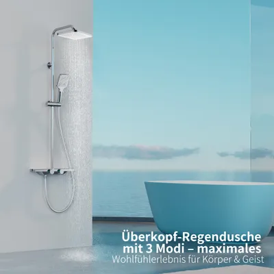 Produktbild von Duschsystem Thermostat, Regendusche Set mit Glasablage & 12 Zoll kopfbrause, 3 Strahlarten handbrause, Edelstahl Höhenver Duschset, Chrom