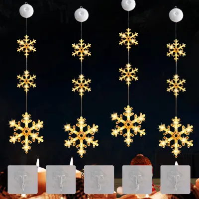 4er-Set LED-Schneeflocken mit Saugnapf, warmweiß, 16,5x19,5 cm