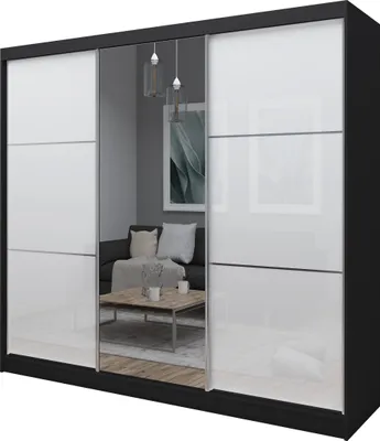 Produktbild von Masseno Schiebetürenschrank VITALE 240 cm Kleiderschrank Schlafzimmer Schrank 3-türig mit Spiegel und Lacobel Schwarz