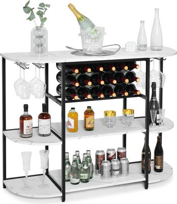 COSTWAY 120cm Weinregal mit Glashalter & Regalen, 3 Ebenen Flaschenregal, 120*40*91 cm 18 Flaschen + 8 Gläser (Weiß)