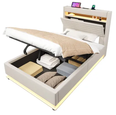 Produktbild von Polsterbett mit LED-Streifen, Stauraum, Schrank, USB und Type-C, 90x200 cm, gepolsterter Kopfteil mit Schrank, Einzelbett, Stauraumbett, Leinen