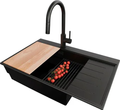 Produktbild von PRIMAGRAN Granitspüle Alles Schwarz 78x50cm, Spülbecken 1 Becken + Ablauf-Set + Küchenzubehörset, Küchenspüle ab 60er Unterschrank - Sydney