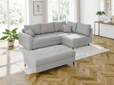 Produktbild von S-STYLE MÖBEL - Kai - Ecksofa mit Schlaffunktion und Hocker mit Braun Holzfüßen im skandinavischen Stil aus Hellgrau Cord-Stoff, Ottomane rechts