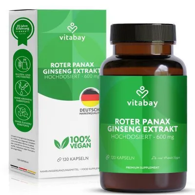 Produktbild von Vitabay Roter Panax Ginseng 600 mg Extrakt – 120 vegane Kapseln – Standardisiert auf 20% Ginsenoside – Echter Koreanischer Ginseng C.A. Meyer – Labor in Deutschland – 2 Monate Vorrat