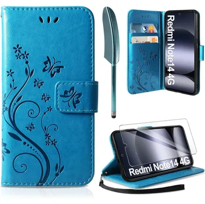 Productafbeelding van Flip hoesje met beschermfolie voor de Xiaomi Redmi Note 14 4G, blauw, gemaakt van Polyurethanleer