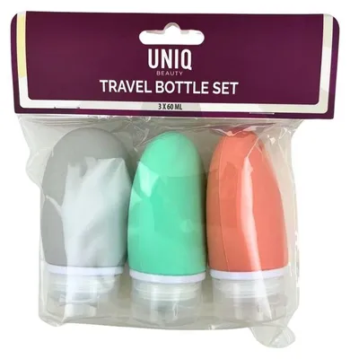 Produktbild von UNIQ Reiseflaschen Set 60 ml - 3 wiederverwendbare und zusammendrückbare Kunststoffbehälter für Toilettenartikel