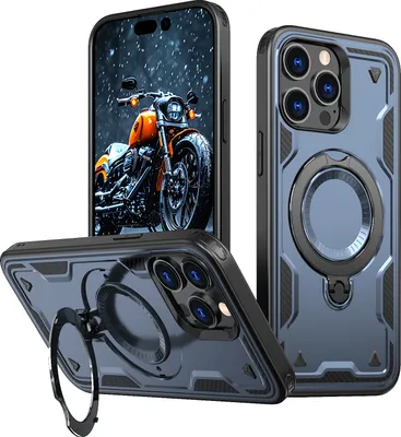 Produktbild von Dual Layer Hülle für iPhone 14 Pro Metall Ring Ständer Magnetisch Stoßfest Militär Handyhülle Blau