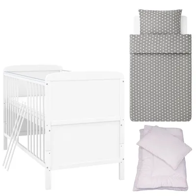 Produktbild von Baby-Delux Babybett Kinderbett Natalie Umbaubar 140x70 Weiß Bettset 4-Tlg Komplett Grey Dots