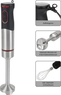 A collage of images showing a hand blender and its accessories, along with close-ups of its features.