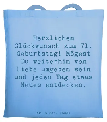 Produktbild von Mr. & Mrs. Panda Shopping Tasche Spruch 71. Geburtstag Freude - Sky Blue - Geschenk, verbreiten, dokumententasche, Geburtstagsgeschenk, canvas, liebevoll handgefertigt