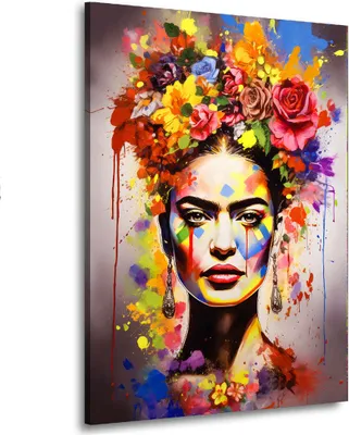 Produktbild von Abstraktes Porträt Frida mit Blumen Pop Art Leinwandbild Wandbild Wanddeko: 105x140x4cm