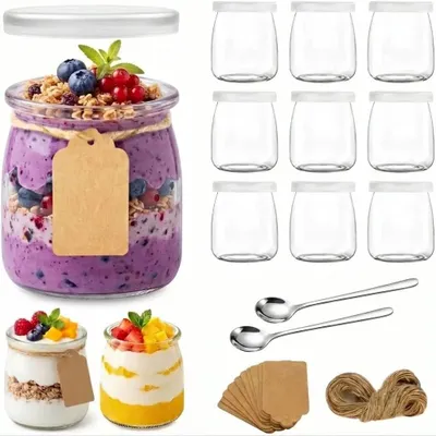 12er-Set Joghurtgläser 200 ml mit Deckel & Löffel, Glas