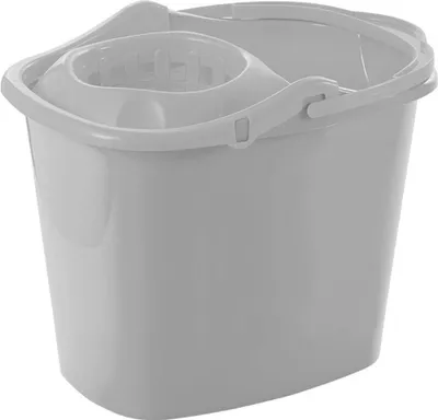 A gray mop bucket with a wringing mechanism is shown against a white background.