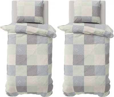 Produktbild von 4 teilige Bettwäsche 135x200 cm Baumwolle Renforce Bettbezug Garnitur Set Quadrate Beige Grau Eukalyptus