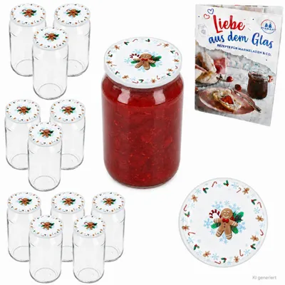 Produktbild von 12er Set Einmachgläser 720 ml I Deckel Candyman-Dekor Rezeptheft