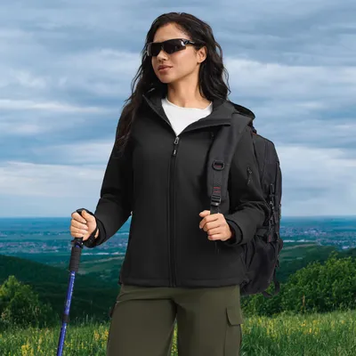 Produktbild von BUBW Damen Softshell Jacke mit Kapuze (schwarz M), wasserdicht winddicht, elastisch warm mit Kationengewebe für Outdoor Aktivitäten