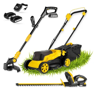 Produktbild von MISTER TOOL Akku-Garten-Set | 20V Rasenmäher, Rasentrimmer & Heckenschere | Kabellos & leistungsstark | 2X Li-Ion Akkus & Schnellladegerät | Perfekt für kleine & mittelgroße Gärten