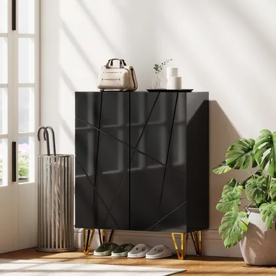 Produktbild von Schuhschrank mit 2 Türen, Schuhkommode, Schuhregal mit 3 verstellbaren Einlegeböden, Schwarz | 72 x 31,5 x 95 cm | bis 60 kg | Softclose-Scharniere