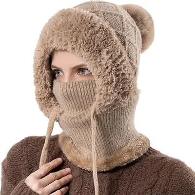 Obrázek produktu pro Čepice 3 v 1 pro dámy, zimní čepice (khaki), pletená čepice se šálou a maskou na obličej, nepromokavá čepice s ochranou obličeje, ideální pro outdoorové aktivity, skvělý vánoční dárek