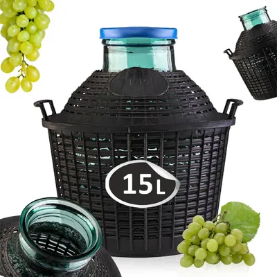 Zdjęcie produktu dla Balon szklany 15L w koszu na wino - szeroki otwór