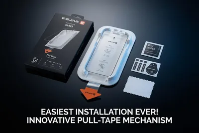 Immagine prodotto di Evelatus, protezione per lo schermo in vetro temperato, modello "Flip Glass Magic", facile da installare, compatibile con iPhone 16 Pro