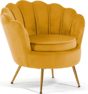 Produktbild von Gepolsterter Samtsessel im Muscheldesign mit goldverchromten Beinen, elegant und raffiniert – ideal für Wohnzimmer, Schlafzimmer oder Flur, Vintage und Retro Design – PERLA – Senfgelb/Gold