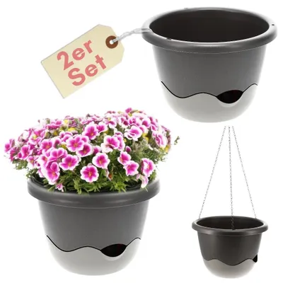 Produktbild von 2er Set Blumentopf zum Hängen Outdoor Blumenampel Außen Hängetopf für Pflanzen Hängeampel Hängender Blumentopf mit Wasserspeicher Hängepflanzen Topf Anthrazit 25 cm