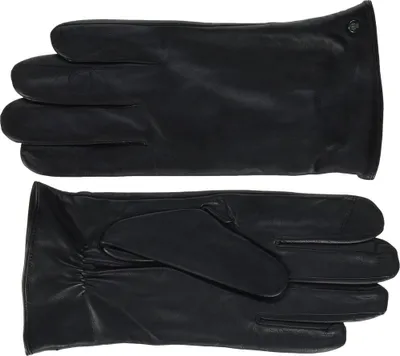 A pair of black leather gloves is shown against a white background.