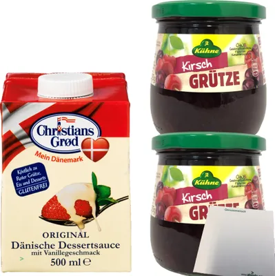 Produktbild von Kühne Rote Kirsch Grütze (2x375g) Glas + Dessert-Sauce mit Vanillegeschmack (1x500ml Pack) + usy Block