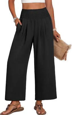 Produktbild von ASKSA Damen Leinenhose Sommerhose Leicht Strandhose Locker Stoffhose Weite Beine Musselin Palazzo Hose mit Taschen (Schwarz,L)
