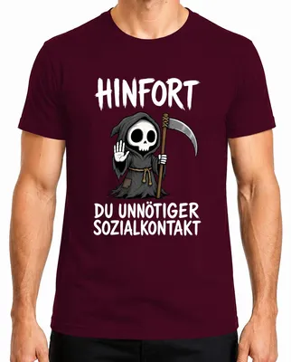 Imagen del producto de Camiseta para hombre, color burdeos, talla L, con el texto: "Hinfort", "Contacto social innecesario", "La Parca", "Declaración", "Sarcasmo"