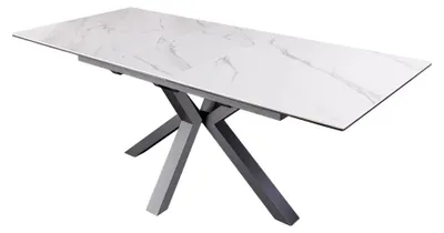 Productafbeelding van Uitschuifbare eettafel LITHOS 160-200 cm - Keramiek met wit marmer effect en zwart stervormig onderstel