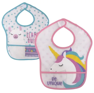 Immagine prodotto di Lorelli, set di 2 bavaglini in PEVA con tasche raccoglitrici e chiusura a strappo – bavaglini per bambini maschi/femmine, pratici per la casa e per i viaggi