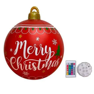 Produktbild von Aufblasbare Weihnachtskugel, 60 cm Durchmesser, rot, mit Aufschrift "Frohe Weihnachten", LED-Beleuchtung mit Fernbedienung, PVC